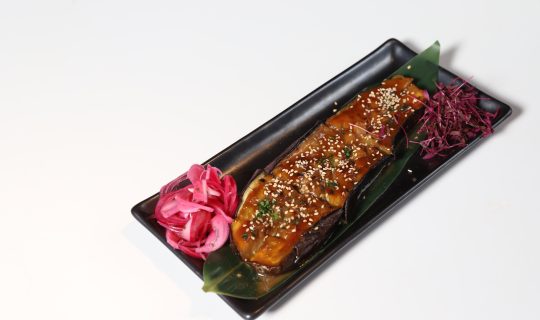 Grilled aubergine, caramelised miso glaze, sesame